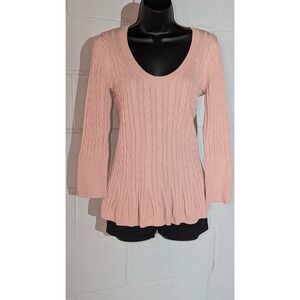 Boston Proper Cable Knit Sweater Top Pink Flounced Ruffled Hem Scoop Neck Small